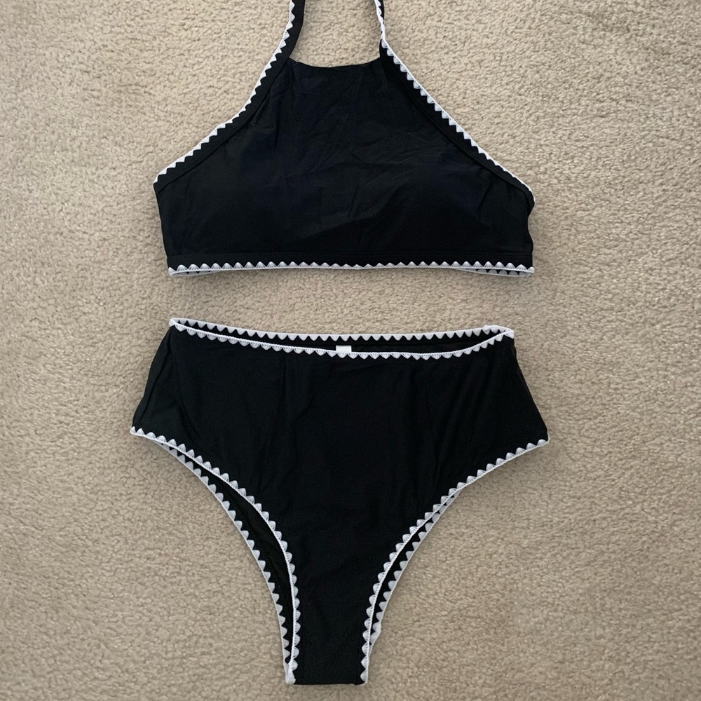 Brand-new with tags size large black high waist bikini with white scallop detail